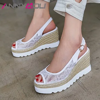 

ANNYMOLI Real Leather Lace Sandals Espadrille Platform Wedges Heels Shoes Buckle Open Toe Women Footwear Summer Sandals White