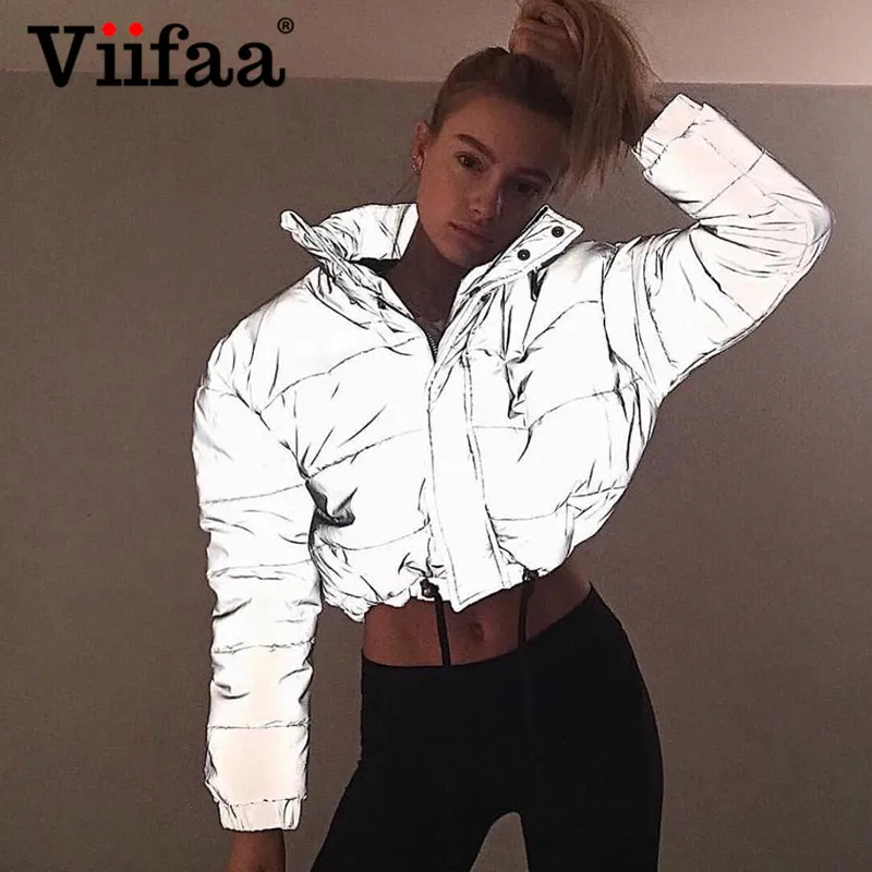 

Viifaa Reflective Winter Warm Puffer Jacket Women 2019 Stand Collar Drop Shoulder Pockets Fashion Streetwear Crop Parka Coat