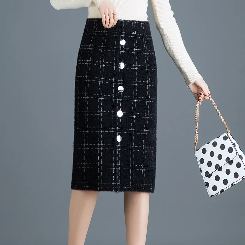 

2019 Autumn & Winter New Arrival Skirt Korean Version High Waist Elastic Ladies Plaid Single-breasted Skirt Free Shipping