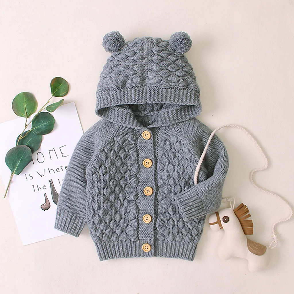 Милая зимняя одежда для новорожденных девочек от 0 до 24 месяцев вязаные свитера для мальчиков милые кардиганы с капюшоном и пасхальными ушками, верхняя одежда теплая одежда