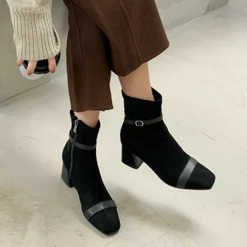 

EshtonShero Winter New Ankle Boots Med Heels Riding Boots Genuine Leather Waterproof Platform Pointed Toe Women Boots Size 3-9