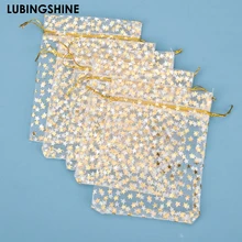 50 шт./лот, высокое качество, модные белые сумки из органзы со звездами, хорошая упаковка для ювелирных изделий, сумки для свадебного подарка на Рождество, Сумки 9x12 см