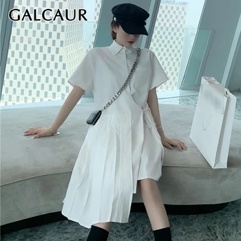

GALCAUR Korean Lace Up Dress For Women Lapel Collar Short Sleeve High Waist Asymmetric Oversize Midi Female Dresses 2020 Clothes