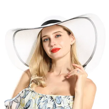 

OLOMLB Handmade Weave letter Sun Hats For Women Black Ribbon Lace Up Large Brim Straw Hat Outdoor Beach hat Summer Caps