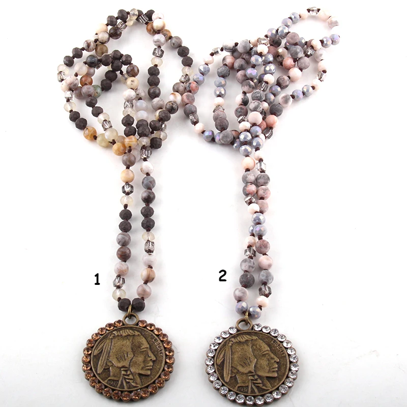 

Fashion Bohemian Tribal Jewelry 6mm Natural Stones and Glass Long Knotted Crystal Disco Metal Buffalo Pendant Necklaces