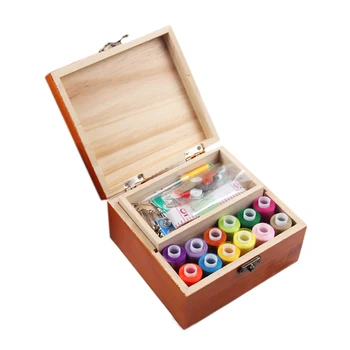 

Wooden Sewing Box with Sewing Kit Accessories Hand Beginner Small Sewing Starter Kit Portable Simple Home Sew Kit