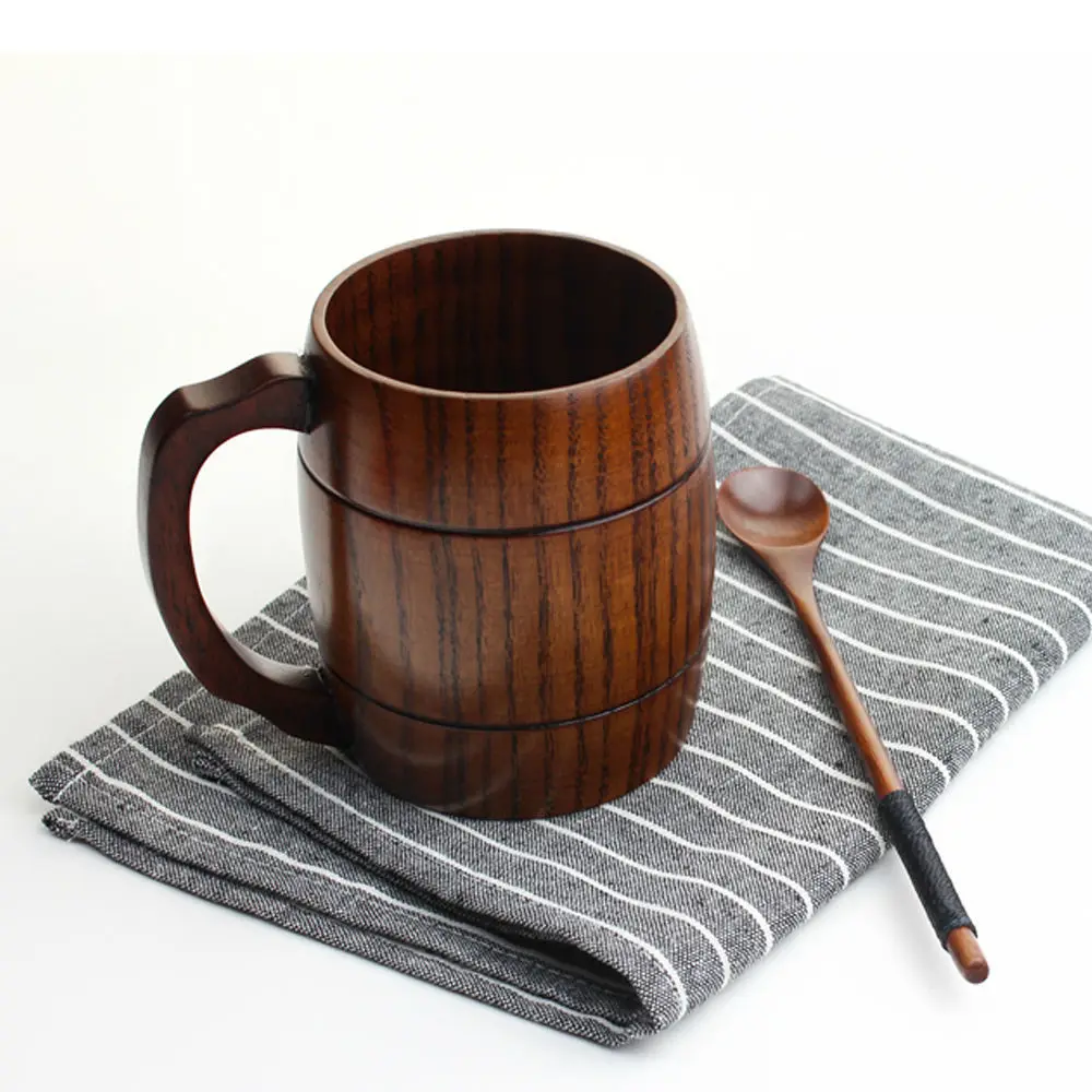 400mL Wooden Tea Cup Coffee Mug Handmade Mugs with Handle Drinkware Home Bar Pub Beer Party Supplies