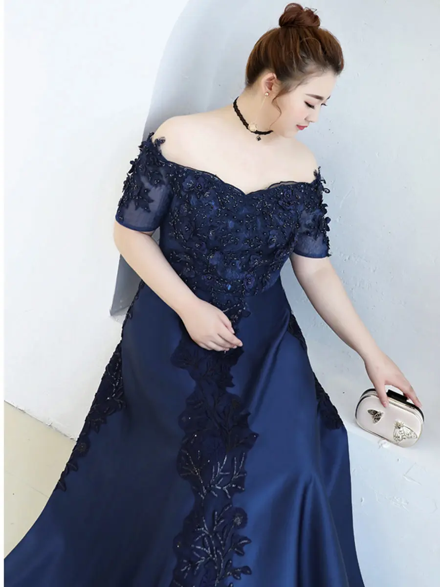 Вечернее платье с открытыми плечами Robe De Soiree T523 размера плюс темно-синие женские вечерние платья с бисером элегантное платье с вырезом лодочкой для выпускного вечера