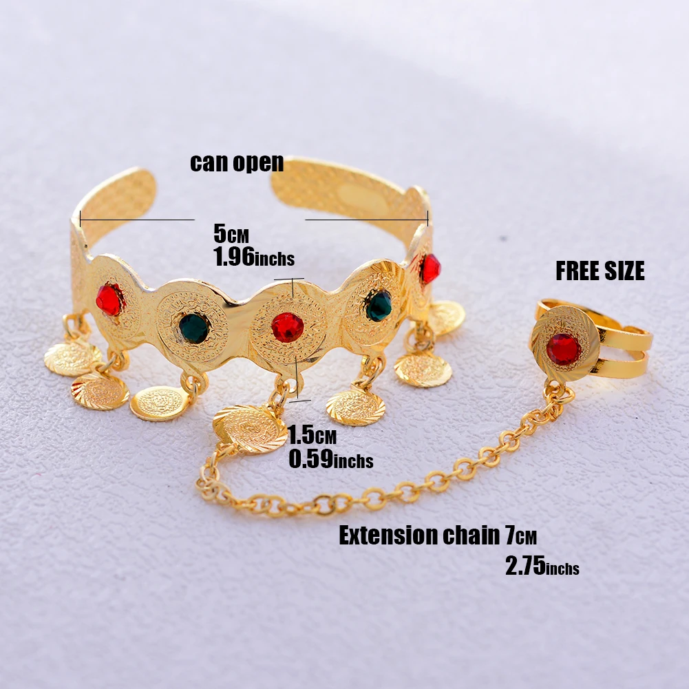 Wando Золотой Цвет Арабский циркониевая Монета браслет для детей Средний Восток подарки ребенок браслет из монет с бесплатной размер кольцо ювелирные изделия - Окраска металла: 1