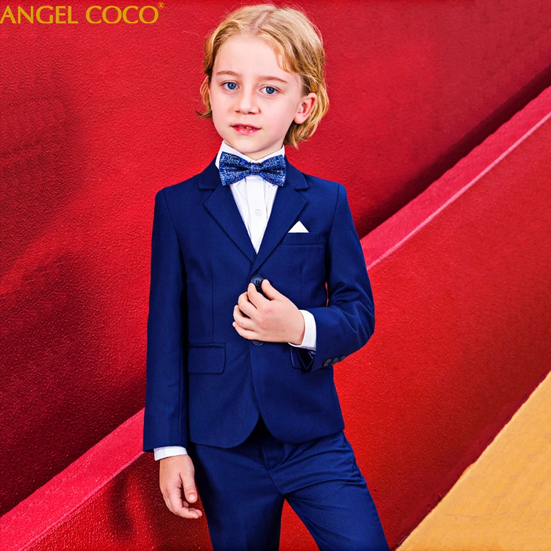 

Blue Brand Boys Formal Suit Wedding campus student Dress Gentleman Kids Jacket Vest Pants Bowtie 5Pcs ceremony Costumes menino