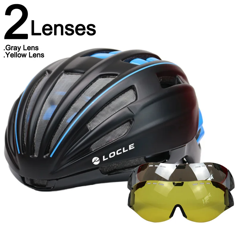 LOCLE Goggles велосипедный шлем двухслойный дорожный горный велосипедный шлем с линзой ультралегкий Casco Ciclismo велосипедный шлем 55-61 см - Цвет: Black Blue 2 Lenses