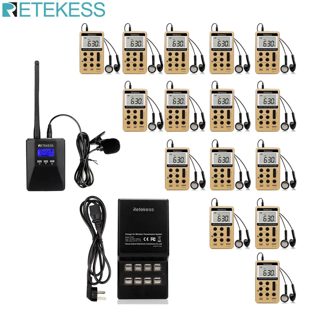 

Retekess TR506 FM Transmitter + 15pcs V112 FM Radio Receiver Tour Guide System Guiding Church Meeting Translation System
