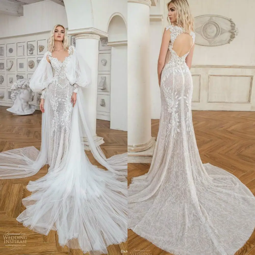 

Gorgeous Mermaid Wedding Dresses With Wrap Lace Appliqued Beads Beach Wedding Dress Plus Size Backless Bridal Robes De Mariée