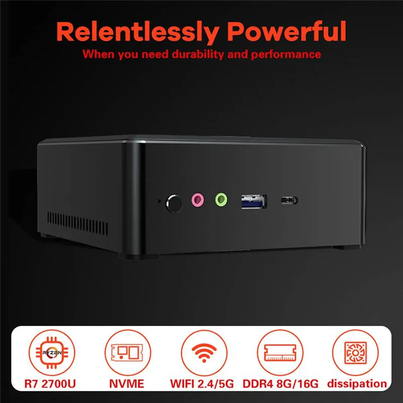MN27 Mini PC AMD Ryzen 7 2700U Vega 10 gráficos de juegos 8GB DDR4 256GB NVME SSD Mini PC Windows 10 HDMl-compatible + DP tipo-A + tipo-C