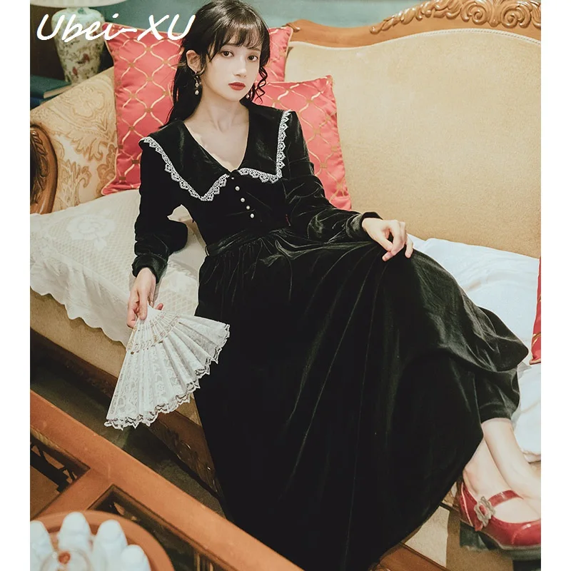 

Ubei New autumn/winter 2019 retro Hepburn simple little black dress show slim velvet girl long sleeve dress