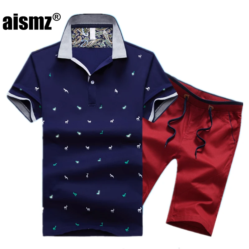 Aismz спортивный костюм для мужчин Moletom Masculino спортивный костюм Летние повседневные хлопковые футболки поло с коротким рукавом+ шорты комплекты