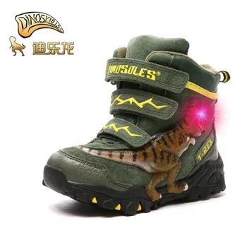 

Dinoskulls Boys Winter Boots Shoes Genuine Leather LED Glowing 2019 kids 4-9T Warm Plush Fleece T-rex Children Snow Boots Shoes
