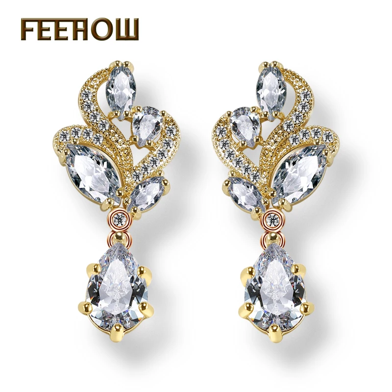 FEEHOW, модные серьги в форме цветка маркизы, висят в форме груши, AAA кубический циркон, Белый/розовое золото, Женские Висячие серьги для невесты, FWEP263