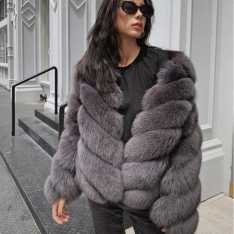 

Fandy Lokar Solid Real Fox Fur Jackets Women Fashion V Neck Coats Women Elegant Striped Pockets Short Jackets Female Ladies IT