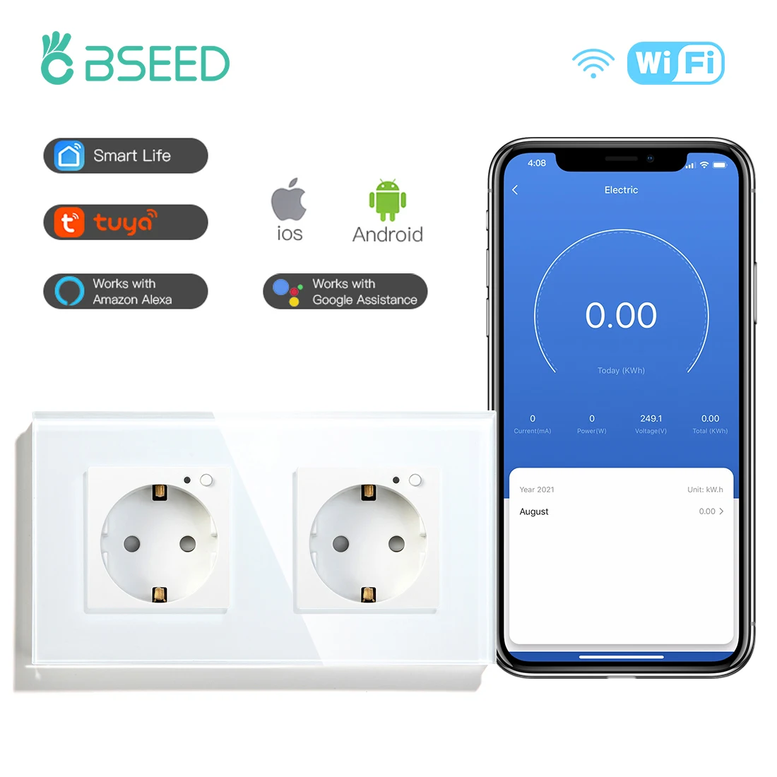 Двойные розетки для монитора питания BSEED настенные с Wi-Fi и поддержкой стеклянной