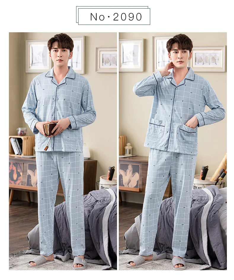 mens silk pajama set New 2021 Autumn Men Plaid Pajamas Long Sleeve Male Pajama Set Men Pure Full Cotton Pajamas For Men Sleepwear Suit Homewear 4XL mens pj short set