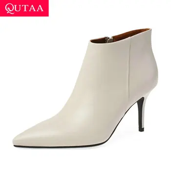 

QUTAA 2020 Pointed Toe Cow Leather All Match Women Shoes Autumn Winter Sexy Thin High Heel Zipper Ankle Boots Big Size 34-43