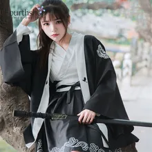 Японское женское платье для бусидо, комплект из 2 предметов, пальто и платье с длинным рукавом и манжетами, японский халат для девочек, белый и черный комплект с принтом журавля