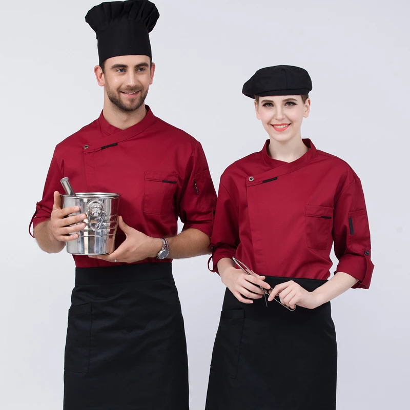 Зимняя униформа для ресторана с длинными рукавами для поваров Женская индивидуальная скидка шеф-повара одежда мужская хлопковая рабочая одежда шеф-повара - Цвет: Красный