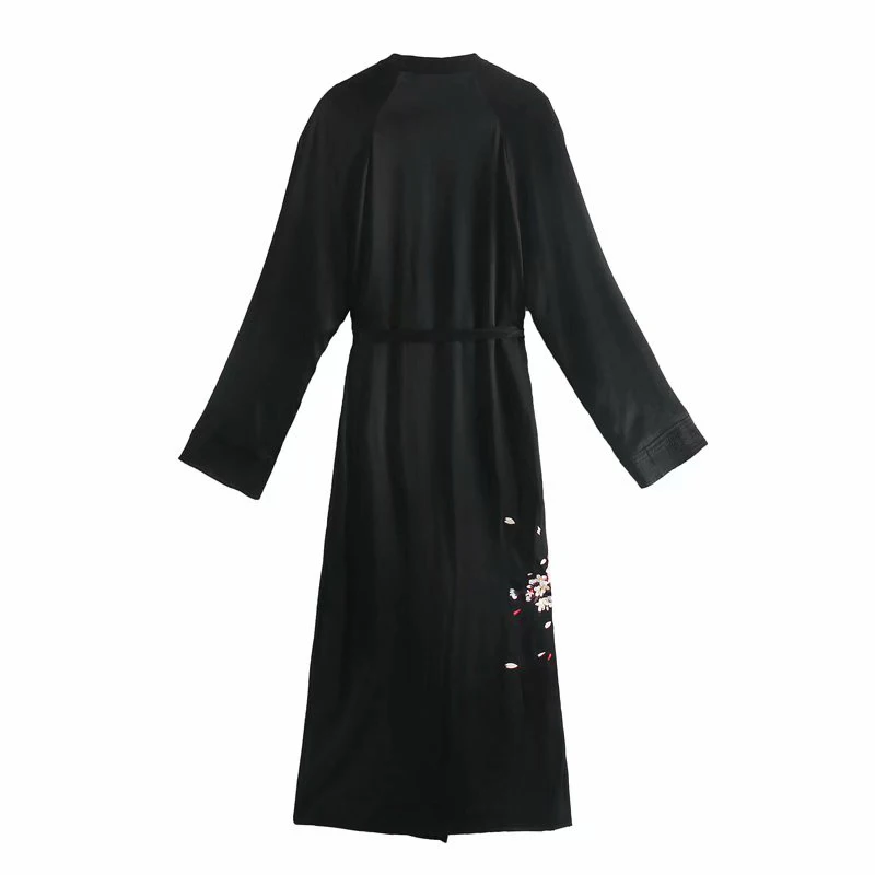 VUWWYV Za 2021 Black Contrast Phoenix Embroidery Dress Women Long Kimono Vintage Wrap Maxi Woman Dress Full Sleeve Belt Dresses