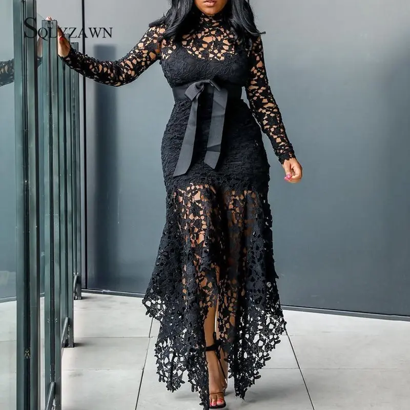 Vintage Party Sexy Black Lace Bow Long Dress Plus Size Large M-XXXL Women Mesh Hollow Bodycon Blue Maxi Ladies | Женская одежда