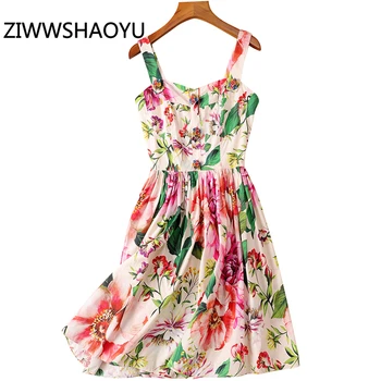 

ZIWWSHAOYU Women Summer Floral Print Backless Sexy Cotton Spaghetti Strap Dress Button Ruched Ladies Vintage Mini Bodice Dresses