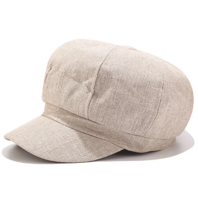 Бежевый Breathable linen Painter Hat Vintage Octagonal Cap Solid Retro Women Beret Hat British Style Artist Newsboy Hat Casquette - Цвет: Бежевый