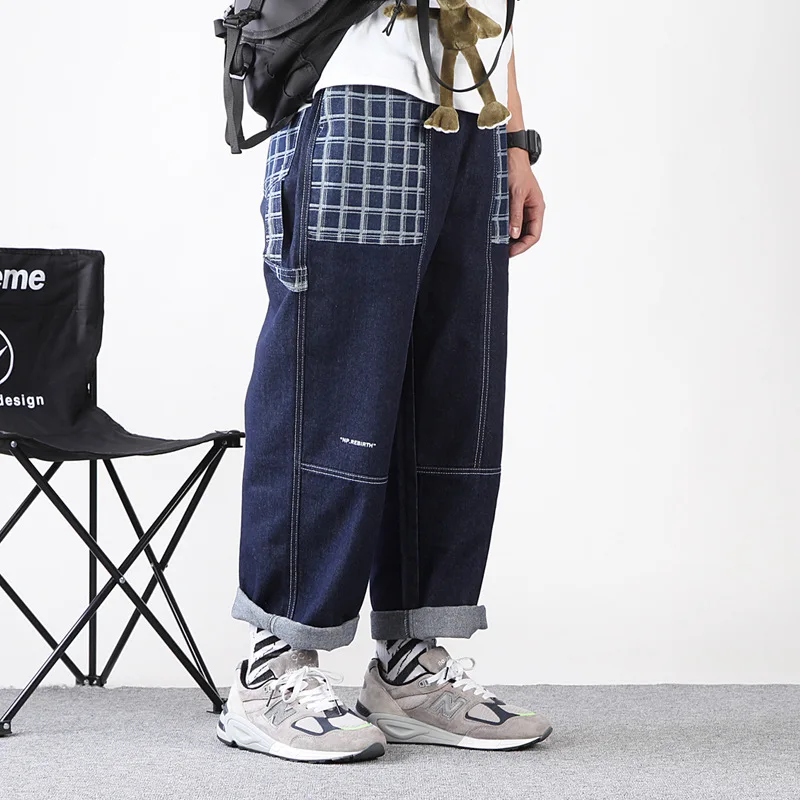 

New Male Hip Hop Vintage Plaid Splice Jeans Trousers Men Japan Streetstyle Fashion Casual Loose Straight Wide Leg Denim Pant