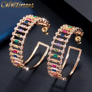 

CWWZircons Big Circle Round Multi Rainbow Color Cubic Zirconia Crystal Gold Hoop Earrings Ladies Statement Jewelry CZ613