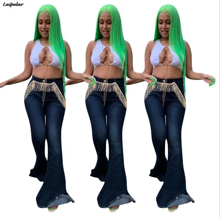 Sexy Tassels Bell Bottom Jeans Women High Waist Skinny Flare Jeans Streetwear Causal Mujer Plus Size High Elastic Denim Pants