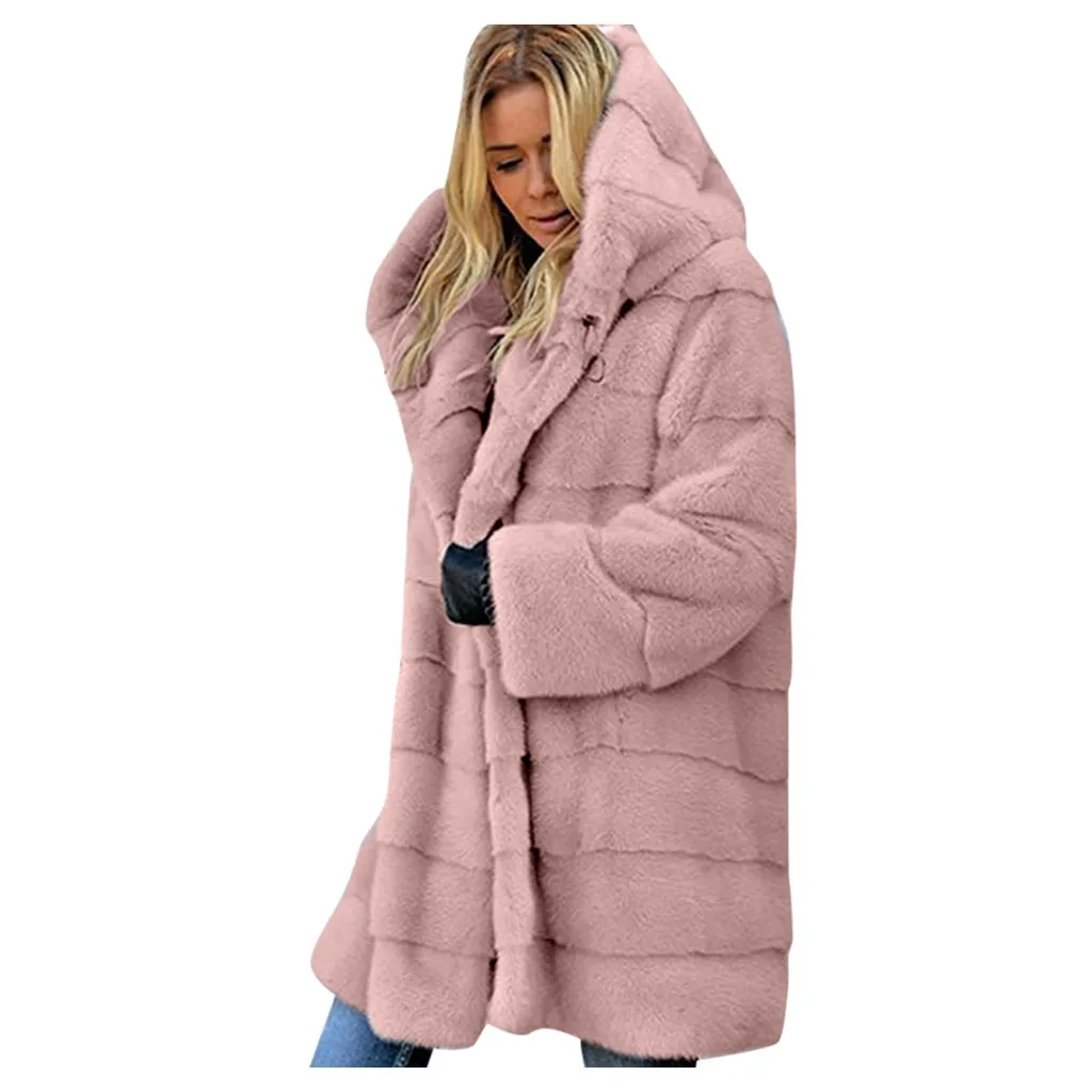Розовый Vintage fluffy hoodie faux fur coat women Winter grey jacket coat female Plus size warm long casual outerwear overcoat - Цвет: Розовый