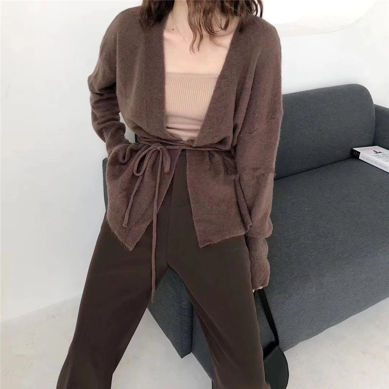 Women Sweaters Autumn Winter Cardigans Batwing Sleeve Lace Up Knitted Open Stitch Female Minimalist Style Loose Knit Tops