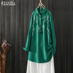 2019 Осенняя блузка с длинным рукавом ZANZEA, Женская хлопковая туника с отворотом, топы, Повседневная элегантная рубашка с цветочной вышивкой