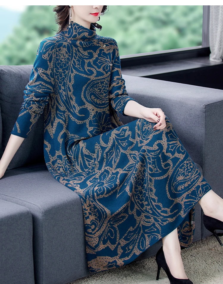 Blue Print 3XL Plus Size Turtleneck Wool Sweater Dress 2020 Autumn Winter Vintage Casual Knitted Sweaters Elegant Women Vestido