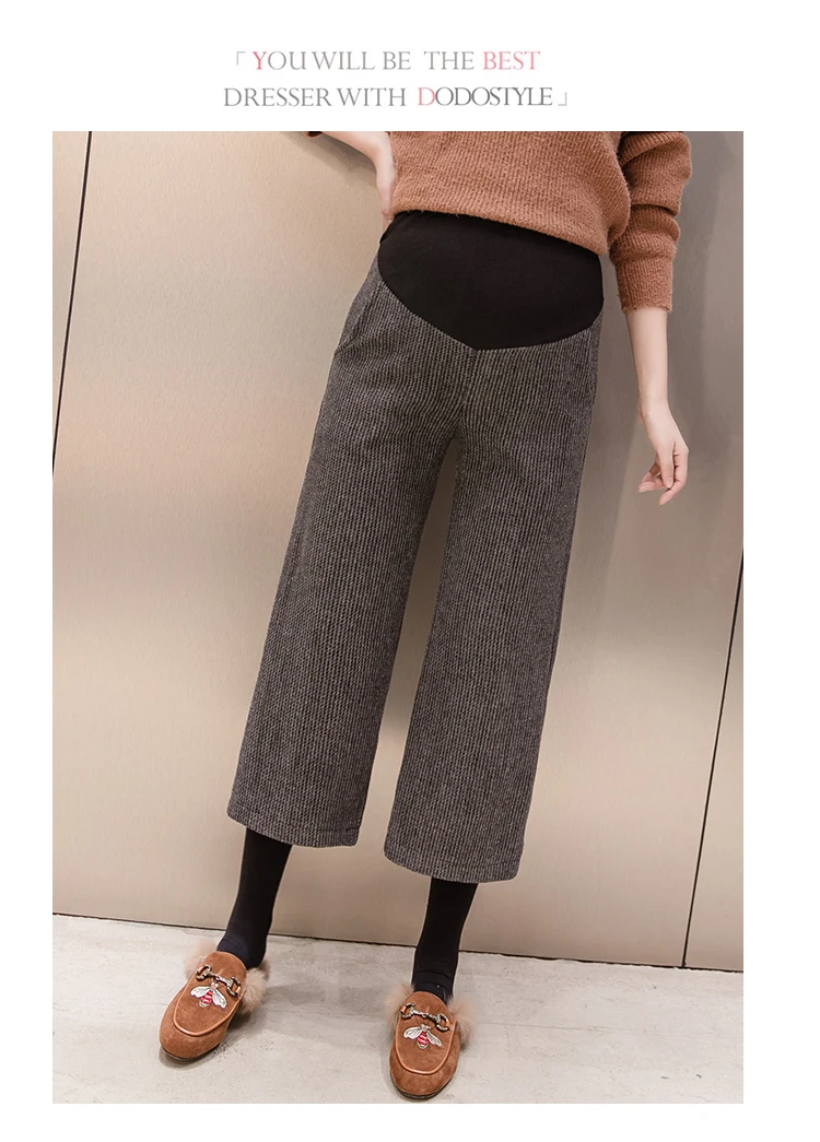 748# Autumn Winter Woolen Maternity Pants Wide Leg Loose Straight Pants Clothes for Pregnant Women 9/10 Pregnancy Belly Trousers