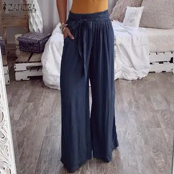 

ZANZEA Women Wide Leg Pants Ladies Casual Solid Belted Elastic Waist Trousers Loose Pockets Bottoms Pantalones Mujer Plus Size