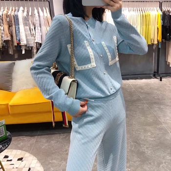 

2019 Full Button Real Knitted Suits Fashion Casual Striped Sweater Pocket And Decorative Piece Wide Leg Pants Fashionable Woman
