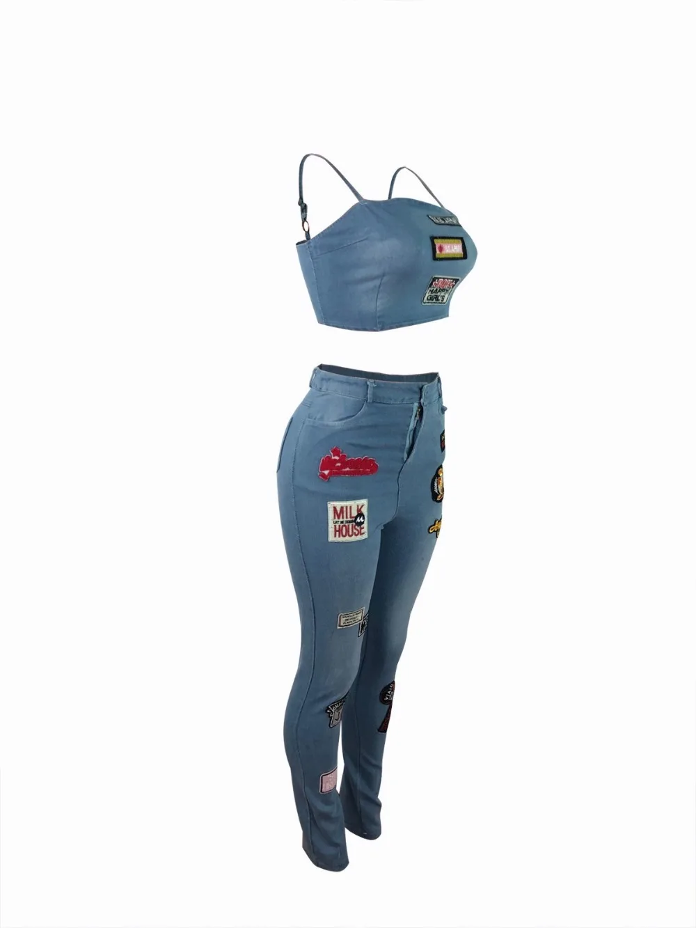 New fashion summer women set denim 2 pieces tops and long pants suit jeans appliques women set LSJ3283