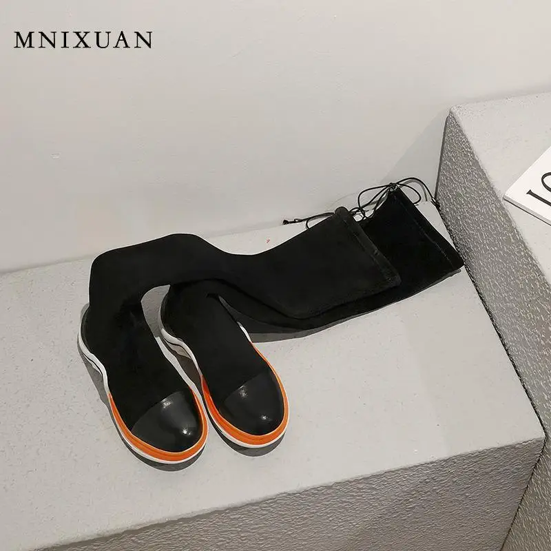 MNIXUAN Women Shoes genuine leather round toe flat platform over the knee thigh high boots sock shoes long boots Black Boot