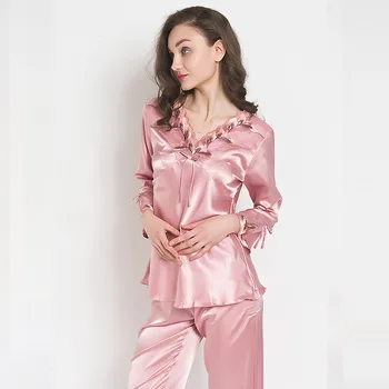 

Sexy Imitation Silk Pajamas Women for Pajamas Set Ladies Loose Long-sleeved Suit Elastic waist pants Mom Home Clothes Sleepwear