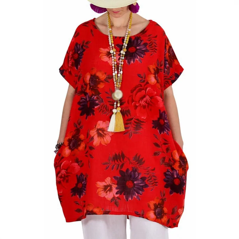 

Fashion 5Xl Nice Summer Women Printed Blouses Short Sleeve Plus Size Blouses Loose O-Neck Long Shirts