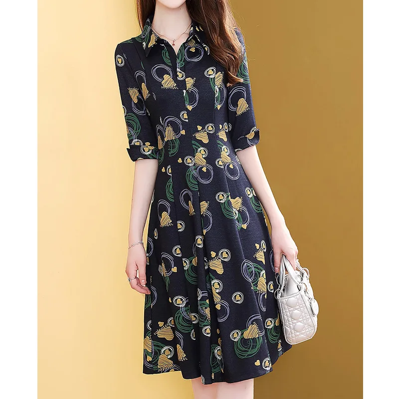 

Floral-Print Shirt Dress Women's 2019 Autumn New Style Waist Hugging Slim Fit Half-sleeve Shirt Polo Popular Skirt