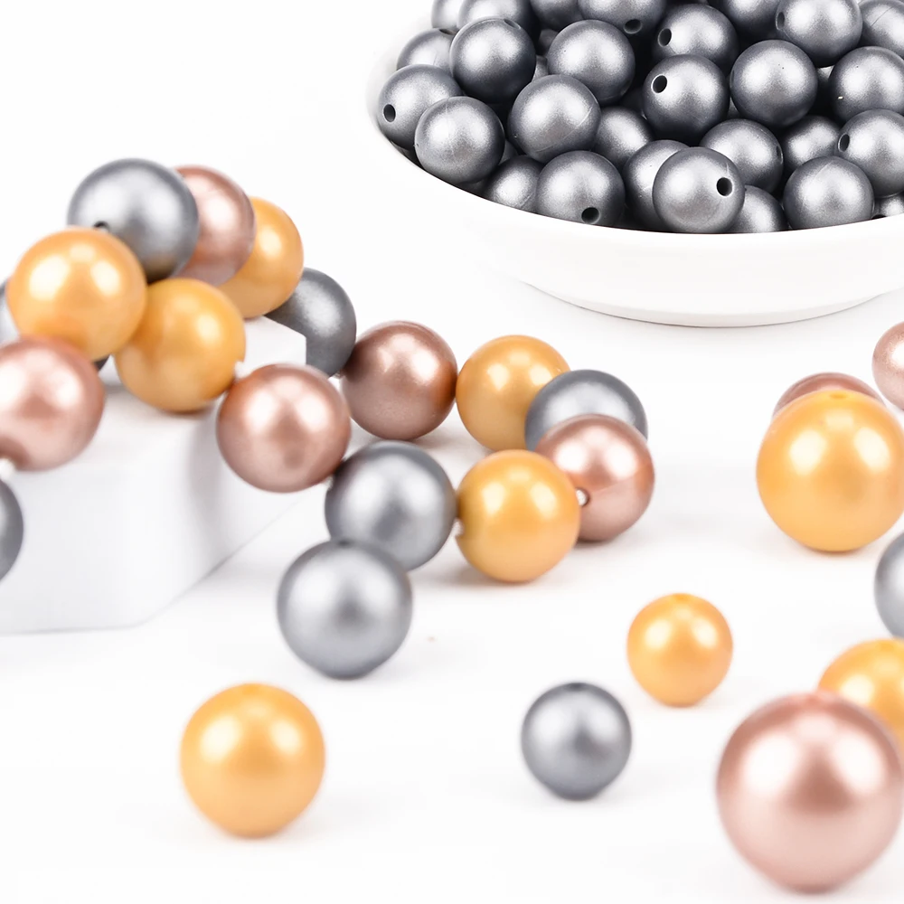 LOFCA Silicone Beads 10pcs Metallic Silver Print 12/15/19mm Teething Beads DIY Chewable Babies Accessories BPA Free Baby Teether