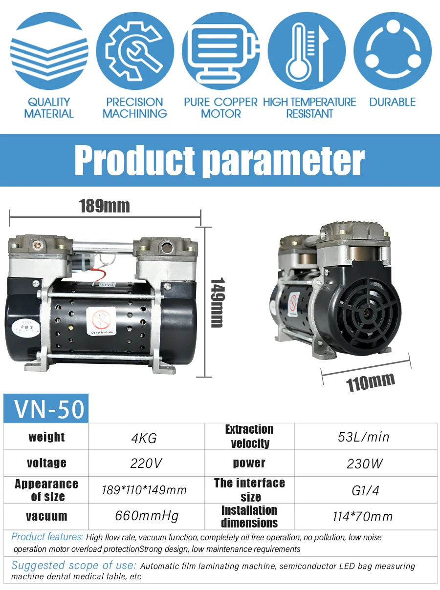 bomba de vácuo Oilless, VN-50, 1.8CFM 230W, 220V
