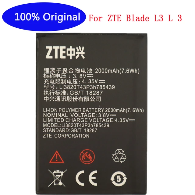High Quality Li3820T43P3h785439 2000mAH Original Phone Battery For ZTE Blade  L3 L 3 Mobile Phone Battery - AliExpress